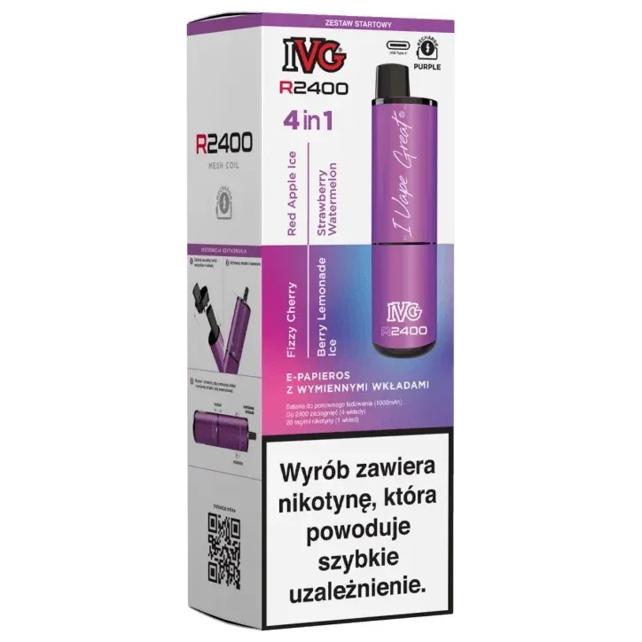 E-papieros IVG 2400 w kolorze Purple z 4 wkładami do zestawu