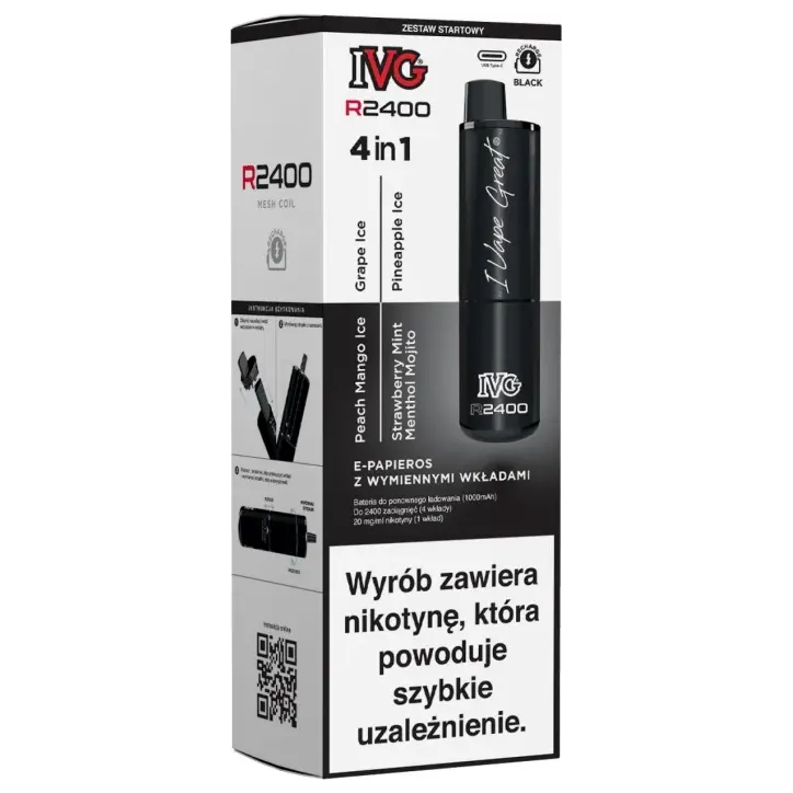 E-papieros IVG 2400 Starter Kit w kolorze czarnym z 4 wkładami